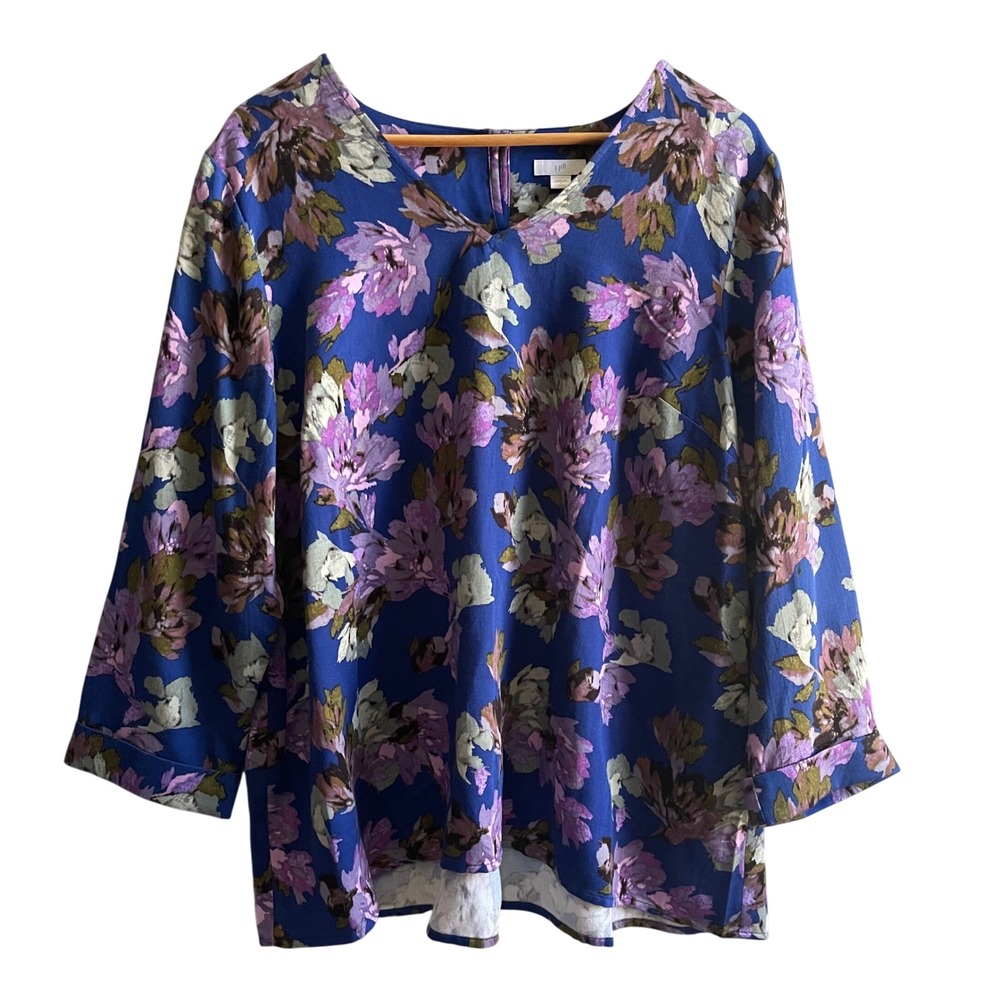 J. Jill Blouse Women L Blue Floral 3/4 Sleeve Relaxed Botanical Boho Relaxed